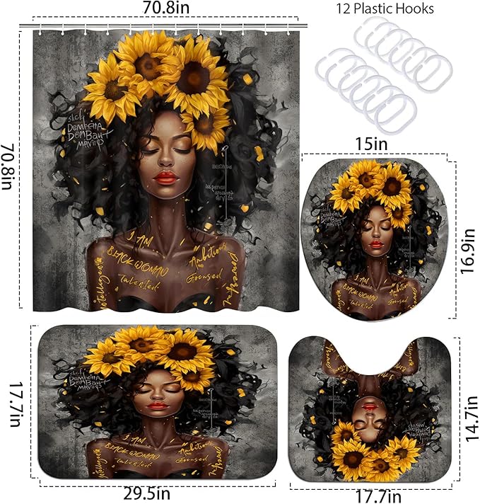 4 PCS Shower Curtain Set with Waterproof Shower Curtain, Non-Slip Bath Mat, Absorbent Rug, Toilet Lid Cover, Inspirational Quote Afrcia American Black Queen Halloween Bathroom Decor Set