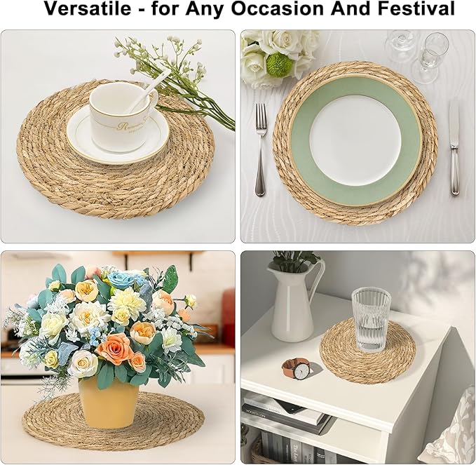 Round Woven Placemats 12 Inch Set of 10, Natural Fiber Braided Rattan Table Mats | Boho Wicker Placemats for Dining | Farmhouse Kitchen Home Decor