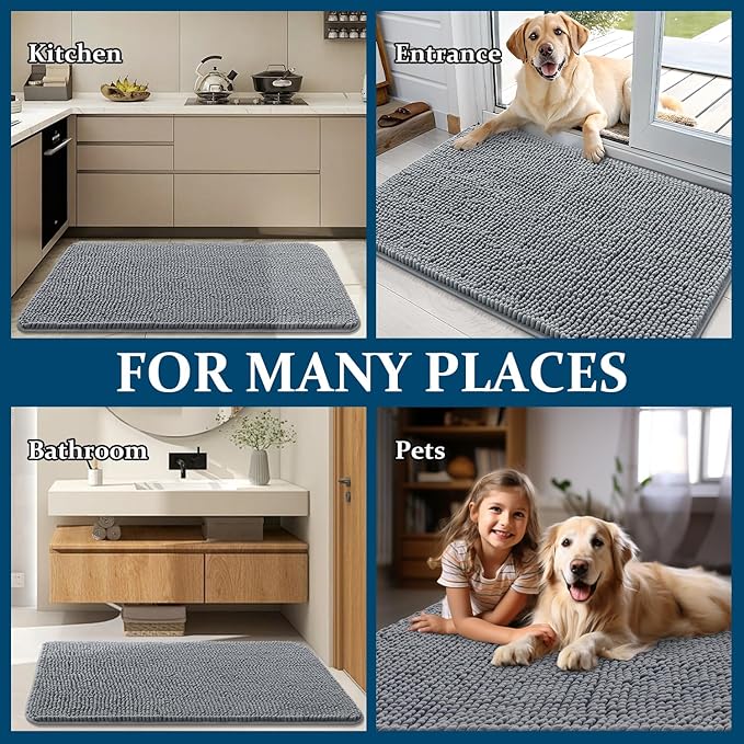 OLANLY Dog Door Mat for Muddy Paws 40x24, Absorbs Moisture and Dirt, Absorbent Non-Slip Washable Doormat, Quick Dry Chenille Mud Mat for Dogs, Entry Indoor Entryway Carpet for Inside Floor, Grey