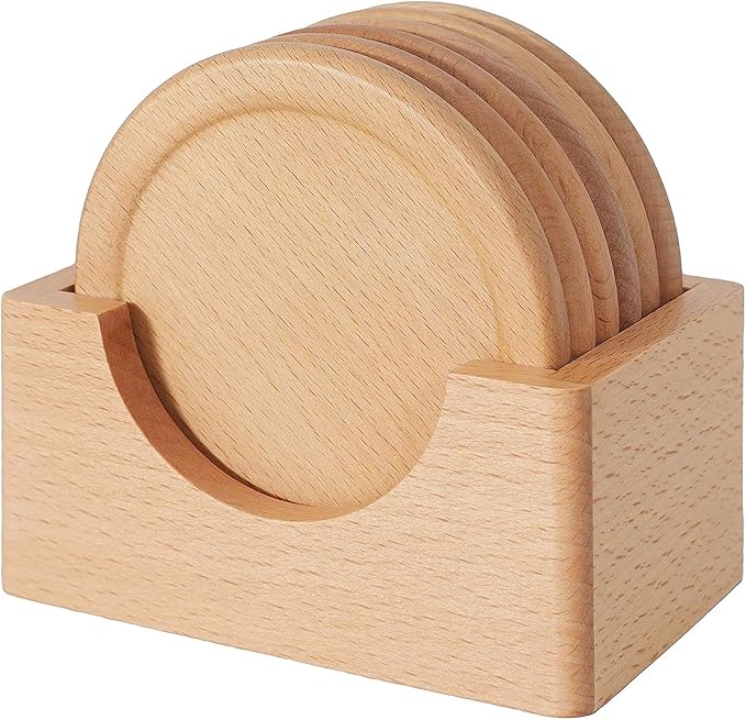 Mu&Ti Wood Coaster, Coffee Beer Coaster.100% Natural Beech Wood Coaster, 6-Piece Coaster Set, Holder Included (Beechwood)