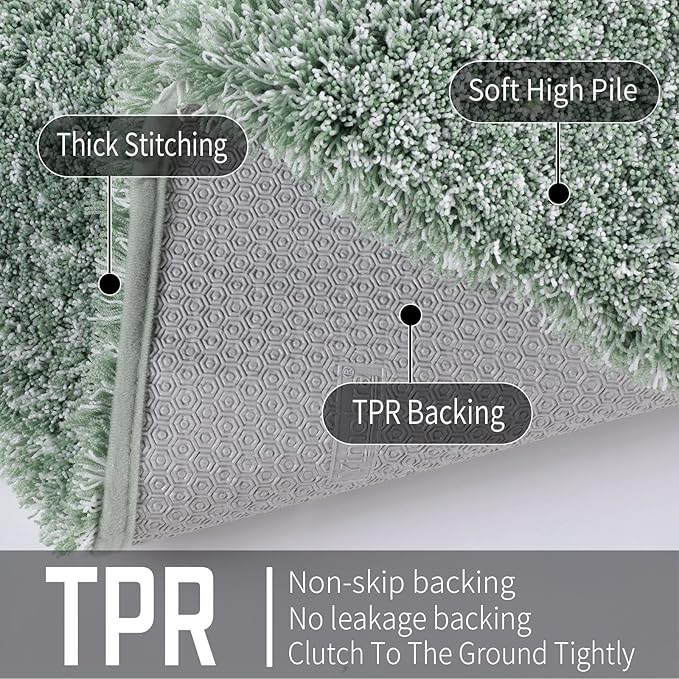 Yimobra Toilet Rugs U Shaped Washable 24x20, Ultra Soft and Water Absorbent Bath Mats, Non Slip Fluffy Shaggy Luxury Microfiber Contour Bath Rugs for Toilet, Dry Quick, Light Green and White