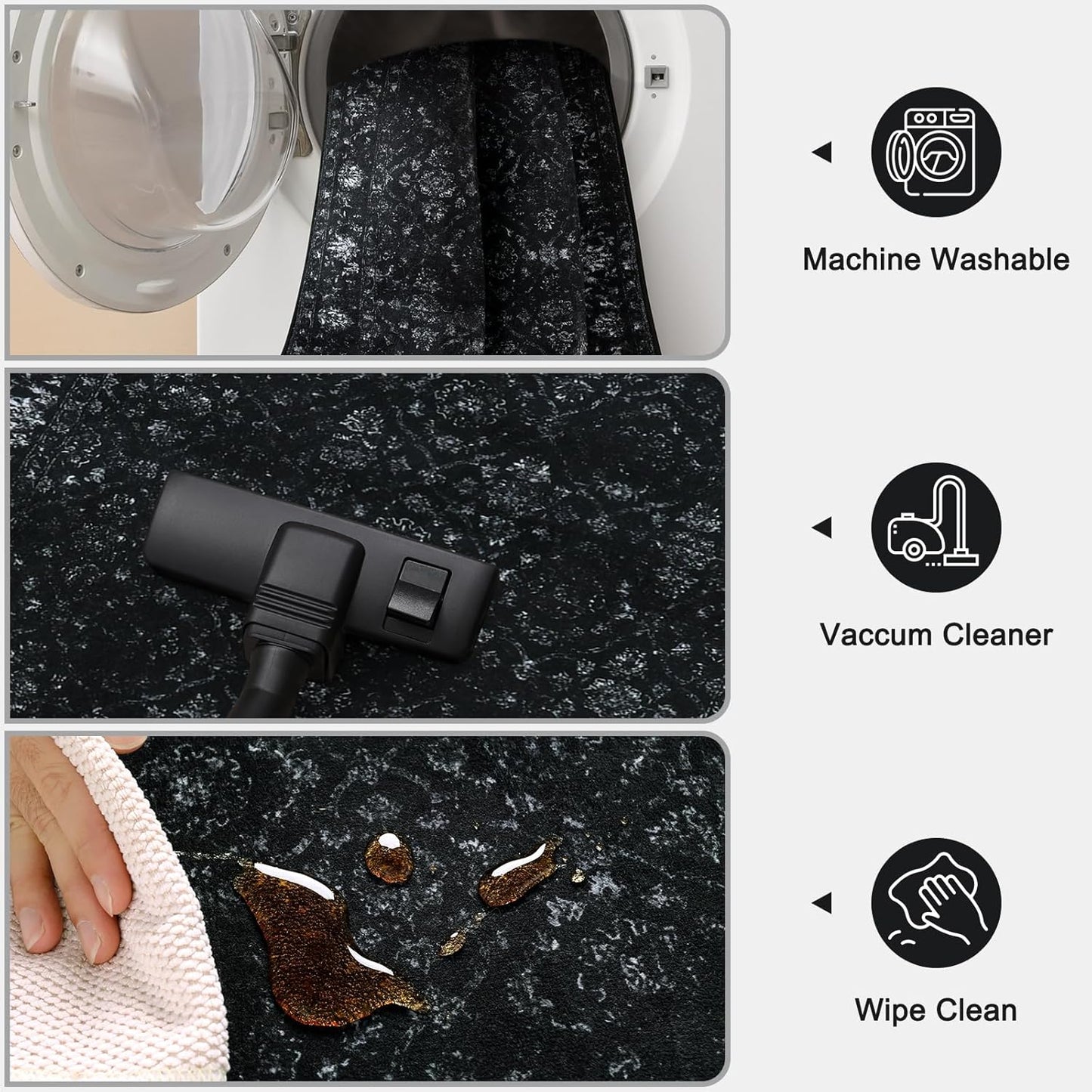 Vintage Black Kitchen Runner Rug, 2x6 Washable Runners for Hallways Non Slip, Ultra-Thin Floor Carpet Runners for Hallway 6 ft Entryway Laundry Bedroom Bathroom(2'x6', Black)