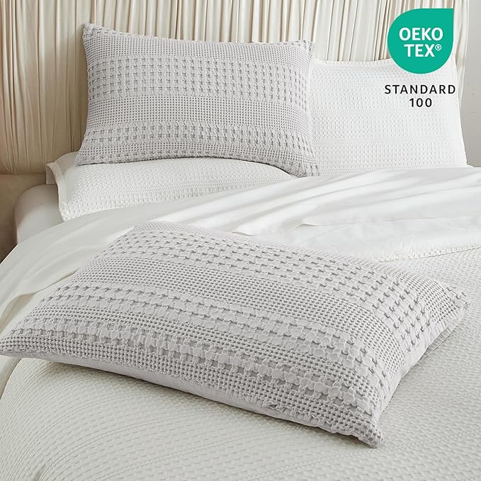 PHF 100% Cotton Waffle Pillow Shams Queen Size, 2 Pack 20" x 30" Soft Skin-Friendly Pillowcases, No Filling, Aesthetic Woven and Breathable Waffle Weave Pillow Case Covers for Bed, Light Grey