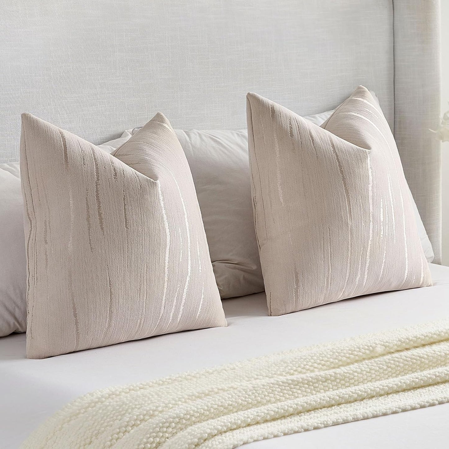 FUTEI Beige Chenille Decorative Throw Pillow Covers 12x20 Inch Set of 2,Soft Embossed Striped Textured Lumbar Pillow Cases,Modern Home Decor for Couch Bed Living Room