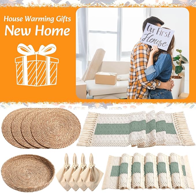4 Sets Boho Placemats Round Woven Placemats, Cloth Napkins, Wood Bead Napkin Rings, Long Table Runner and Farmhouse Rustic Natural Burlap Cotton for Kitchen Dining Table Home (Green)