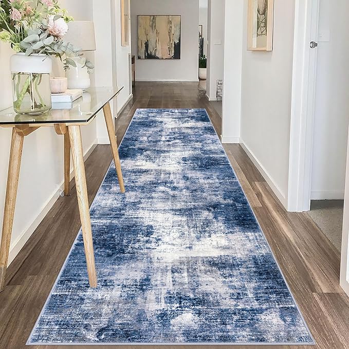 IOHOUZE Abstract Runner Rug 3x10 Ft Washable Runners for Hallways, Non Slip Kitchen Runner Printed Faux Wool Entryway Runner Indoor, Modern Abstract Floor Carpet for Hall Bedroom, Navy/Grey