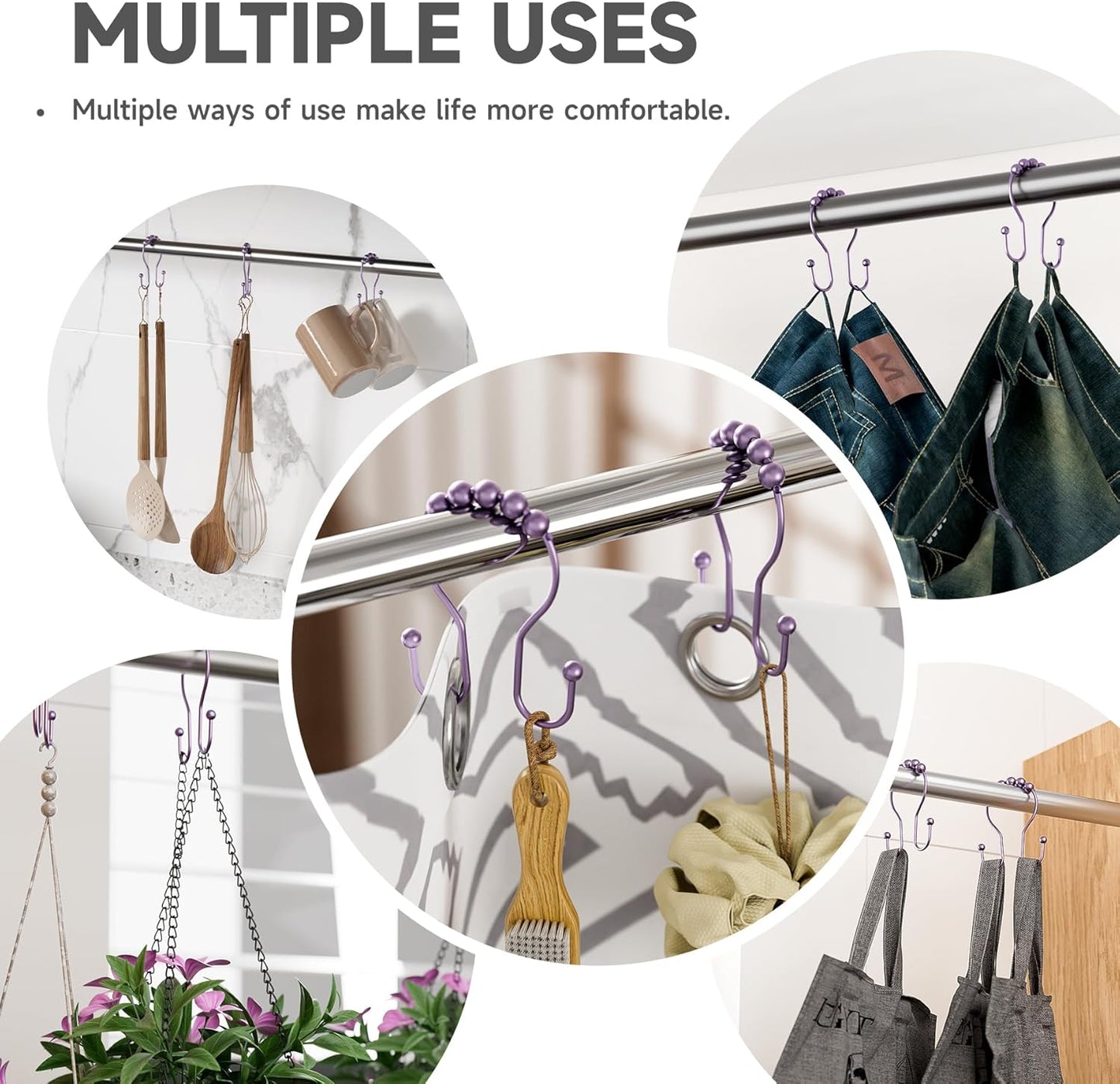 Shower Curtain Hooks, Shower Curtain Rings Rust Proof Double Hook Shower Curtain Hooks, 12 Pcs Purple Shower Hooks for Shower Curtain, Shower Rings for Curtain, Metal Shower Rod Hooks