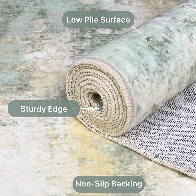 3x5 Rugs for Entryway Entrance Kitchen, Machine Washable Modern Abstract Soft Area Rug, Low Pile Indoor Floor Carpet with Non Slip Backing, Light Green/Cream