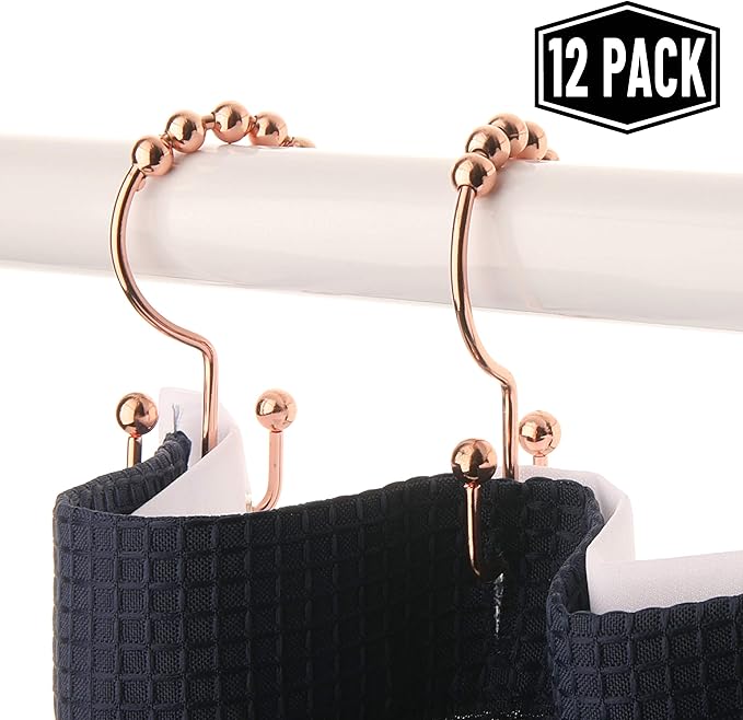 2lbDepot Copper Shower Curtain Hooks Rings, Premium Rust-Resistant Stainless Steel Metal, Double Dual Sided Hooks, Glides Effortlessly on Bathroom Shower Rods, Set of 12 Decorative Copper Hooks