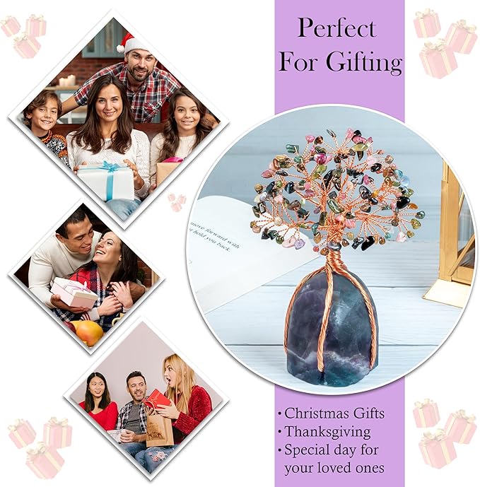 Multi Tourmaline Crystal Tree with Fluorite Rough Base Tree of Life Decor for Shelf, Bedroom, Birthday Gifts for Women, Sister Gifts, Birthday Gifts for Mom, Cute Home Decor Purple Decor Present