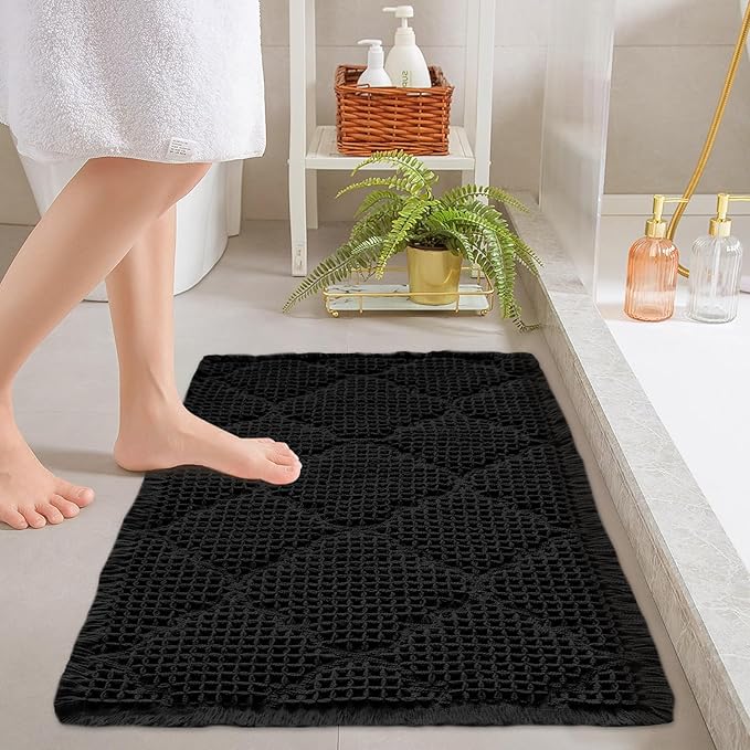 ZALL Black Waffle Bath Mat,Super Absorbent Non Slip Bathroom Rug,Brown 24x36inch, Geometric Diamond Machine Washable Ultra Soft Floor Mats