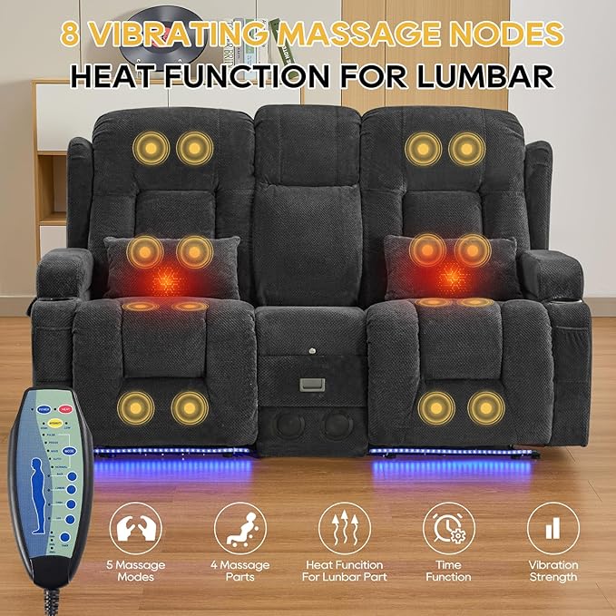 IPKIG 67" Power Reclining Loveseat Sofa, Electric Home Theater Seating with Console/4 Colors Ambient Lighting/Bluetooth Speakers/USB Ports/Built-in Outlets (Charcoal, Loveseat Recliner)