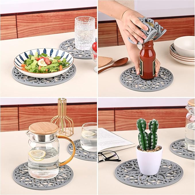 Smitchraft Silicone Trivets for Hot Dishes, Pots & Pans, Multi-Use Hot Pads Kitchen Quartz Countertops, Pot Holders Trivet Mat, Non-Stick Carved Heat Resistant Mats for Counter & Table, Set 3 Biege