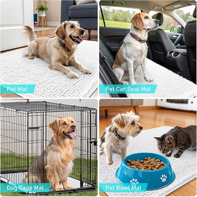 OLANLY Dog Door Mat for Muddy Paws 36x24, Absorbs Moisture and Dirt, Absorbent Non-Slip Washable Doormat, Quick Dry Chenille Mud Mat for Dogs, Entry Indoor Entryway Carpet for Inside Floor, White