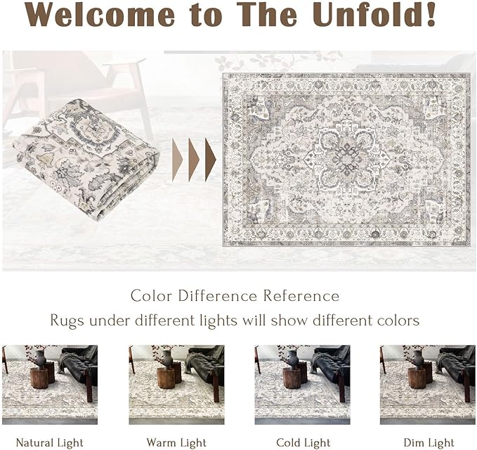 3x5 Washable Area Rug - Small Entryway Rug Non-Slip Cream Vintage Oriental Kitchen Rugs Low Pile Boho Carpet Throw Rugs for Living Room Bedroom Bathroom Entrance Dorm Office Home Decor