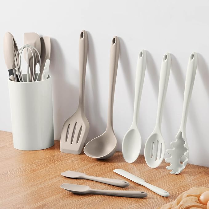 LIANYU Kitchen Utensils Set with Holder, 14 Pcs Silicone Cooking Utensils Spatula Set, Heat Resistant Cookware Tools Includes Spoon Turner Whisk Tong, Dishwasher safe, Khaki White