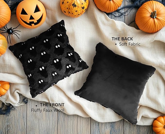 4TH Emotion Halloween Ghost Decorative Pillow Covers 18x18 Set of 2, Black Soft Plush Faux Fur Farmhouse Throw Cushion Cases for Fall Autumn Holiday Home Decorations