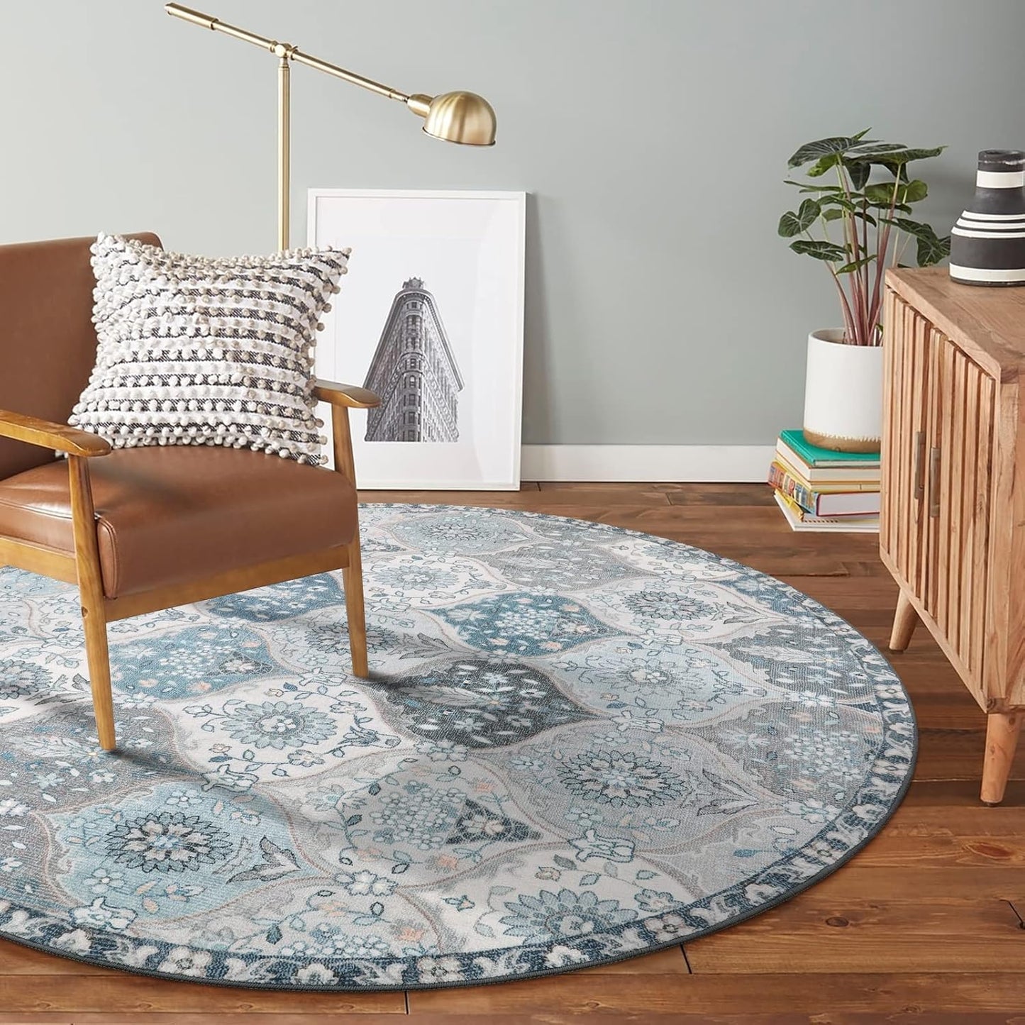 Lahome Moroccan Trellis Round Rug, 5ft, Blue, Faux Wool, Machine Wash, Non-Slip Backing, Low Pile, Floral Pattern, Area Rug for Bedroom, Living Room, Bathroom