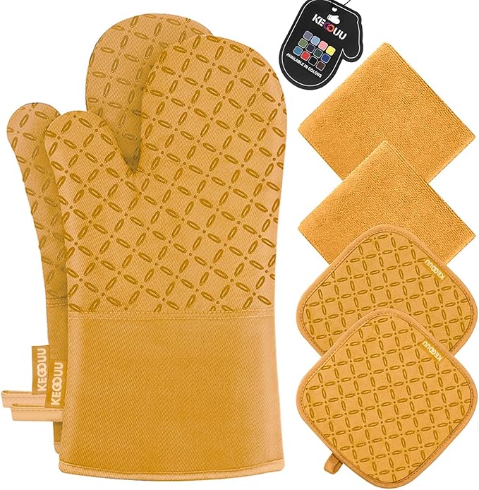 KEGOUU Oven Mitts and Pot Holders 6pcs Set, Kitchen Oven Glove High Heat Resistant 500 Degree Extra Long Oven Mitts and Potholder with Non-Slip Silicone Surface for Cooking (Orange)