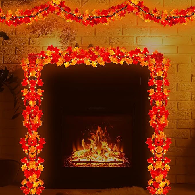 9FT Fall Decor Fall Decorations for Home, 50 Orange Bulbs Plug in Fall Garland with Lights, Connectable Maple Leaves Light for Indoor Outdoor Festival Decorations Fireplace Party