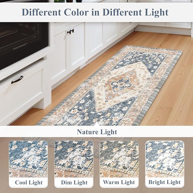 KIMODE Kitchen Rugs and Mats 2PCS Cushioned Anti Fatigue Kitchen Mat Non-Skid Waterproof Kitchen Runner Rug for Kitchen Decor,Floors,Office,Laundry,Blue and Gold