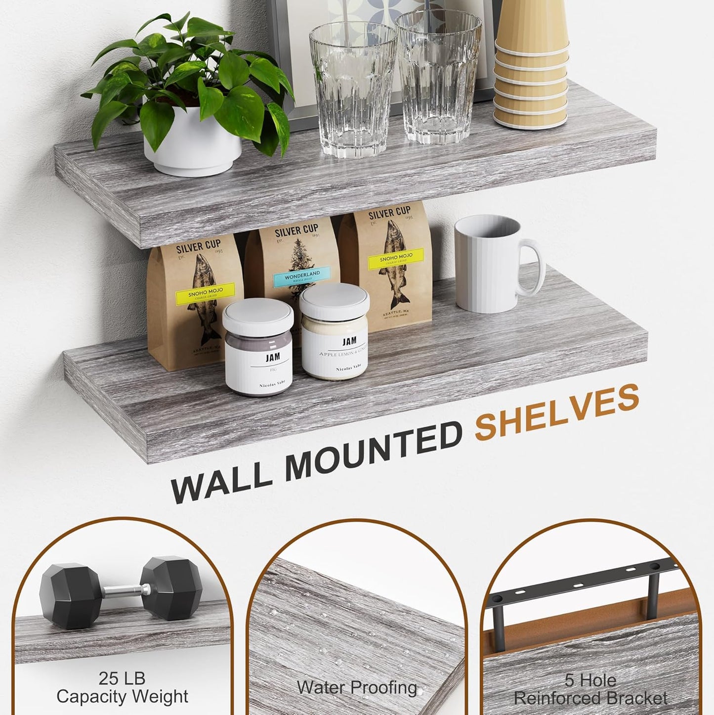 Bellsal Floating Shelves for Wall, Gray Engineered Wood Wall Shelf Set of 4, 16" Walls Mounted Floating Shelf for Kitchen, Living Room, Bedroom, Bathroom Storage, Book Shelfs for Home Decor