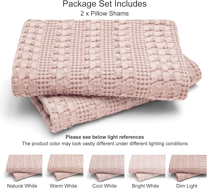 PHF 100% Cotton Waffle Pillow Shams Queen Size, 2 Pack 20" x 30" Soft Skin-Friendly Pillowcases, No Filling, Aesthetic Woven and Breathable Waffle Weave Pillow Case Covers for Bed, Pink