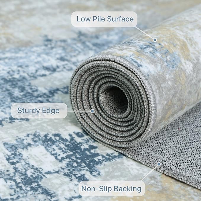 2x3 Rugs for Entryway Entrance Kitchen Bathroom, Machine Washable Modern Abstract Soft Area Rug, Indoor Floor Carpet with Non Slip Rubber Backing, Blue Cream