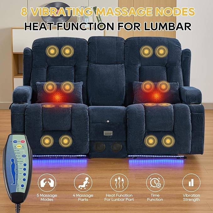 IPKIG 67" Power Reclining Loveseat Sofa, Electric Home Theater Seating with Console/4 Colors Ambient Lighting/Bluetooth Speakers/USB Ports/Built-in Outlets (Navy Blue, Loveseat Recliner)