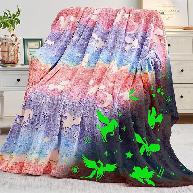 inhand Unicorn Toys Glow in The Dark for Blanket,Unicorn Gifts for Girls Age 1 2 3 4 5 6 7 8 9 10 11 12 13 Birthday Halloween Christmas Cute Soft Room Decor Kids Blanket 50"X60"