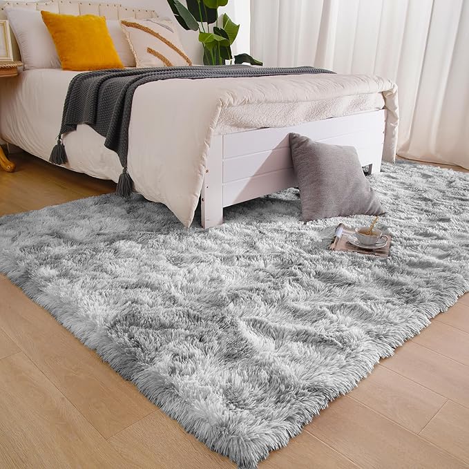 Tie Dyed Grey Fluffy 9x12 Area Rug for Living Room, Plush Shag Rugs for Bedroom, Large Soft Furry Carpets for Kids Room, Modern Indoor Nursery Carpet for Classroom Dorm Cozy Comfy Home Decor