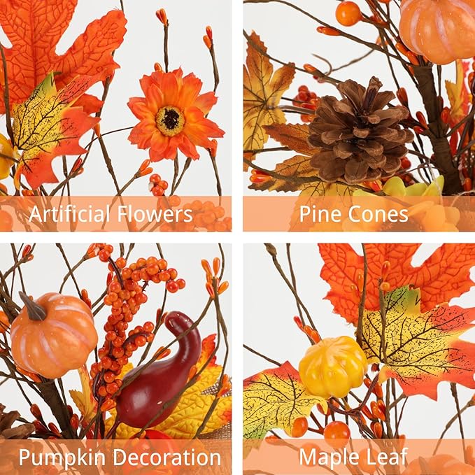 18 Inch Fall Table Tree, LED Lighted Fall Tree with Sunflowers Maple Leaf Pumpkin,Artificial Fall Tree for Autumn Harvest Thanksgiving Home Decor