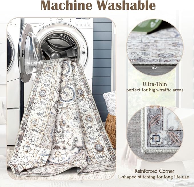 3x5 Washable Area Rug - Small Entryway Rug Non-Slip Cream Vintage Oriental Kitchen Rugs Low Pile Boho Carpet Throw Rugs for Living Room Bedroom Bathroom Entrance Dorm Office Home Decor