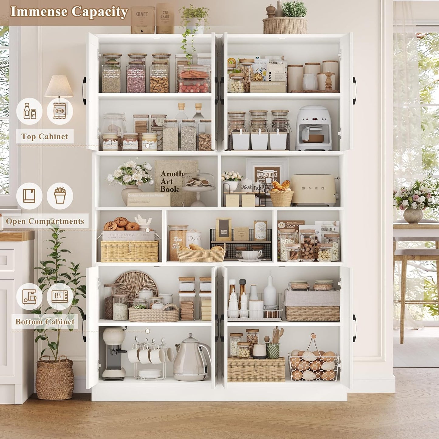 HORSTORS 71" Tall Storage Cabinet, Large Kitchen Cabinet with Deep Shelves and Doors, 47" Freestanding Display Shelf with Storage for Home Office, Living Room, White