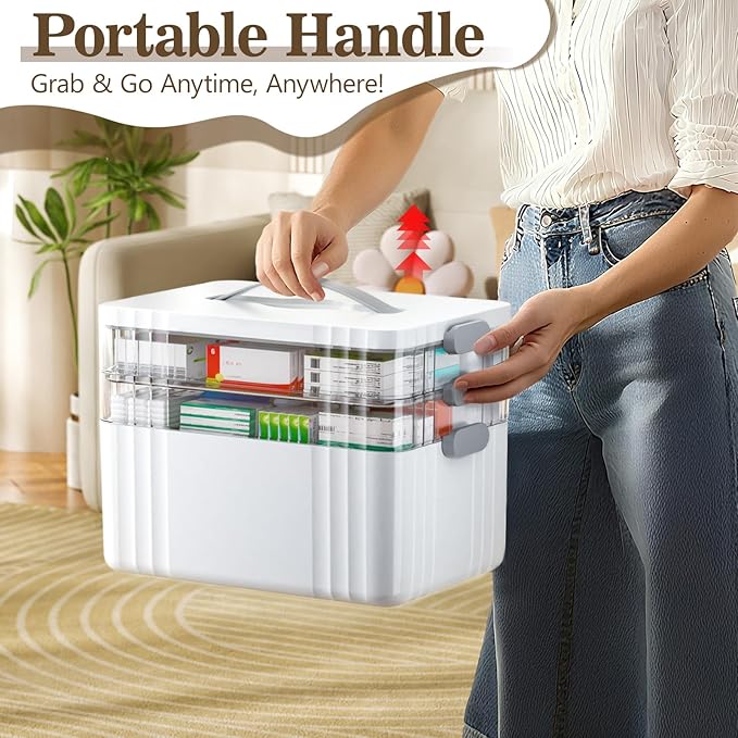 3-Tier Medicine Organizer - Portable Medicine Cabinet with Plastic Handle, Multipurpose Medical Box with Pill Box, Empty First Aid Kit for Home