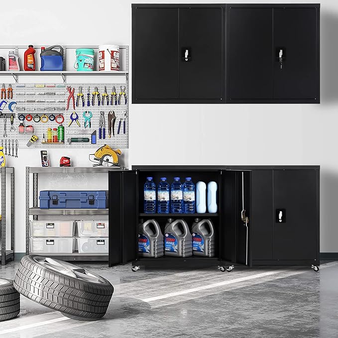 LUCYPAL Metal Storage Cabinet with Wheels,31.5" H Steel Storage Cabinet with Locking Doors and Adjustable Shelves,Metal Garage Storage Cabinets for Home Office,Kitchen,Black