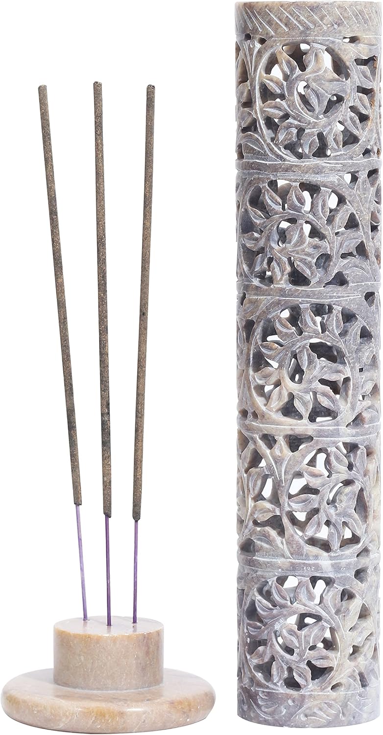 Crocon Soapstone Handmade Incense Tower Burner Leaf Crafting Incense Corner Burner | Tea Light Holder | Living Room Decor Kitchen Home Fragrance Decorative Best Gift Set Size 2.7X2.7X10 Inch