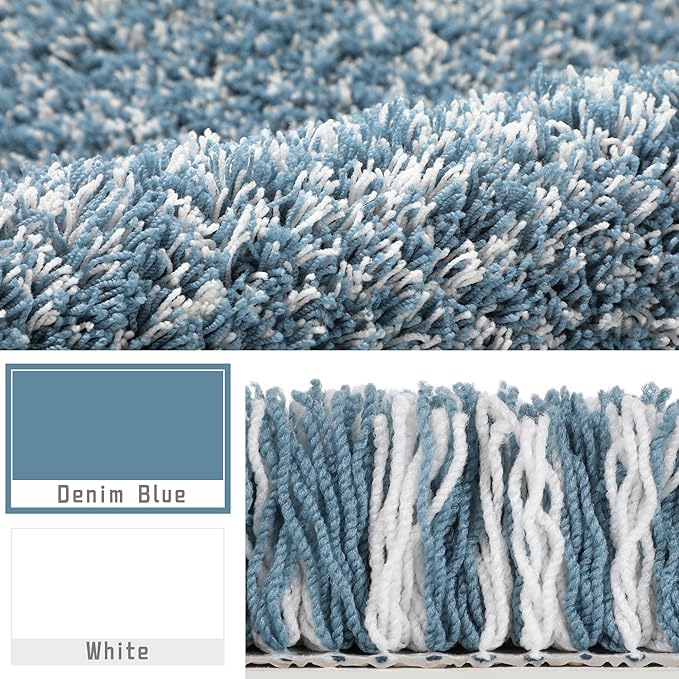 Yimobra Toilet Rugs U Shaped Washable 24x20, Ultra Soft and Water Absorbent Bath Mats, Non Slip Fluffy Shaggy Luxury Microfiber Contour Bath Rugs for Toilet, Dry Quick, Denim Blue and White