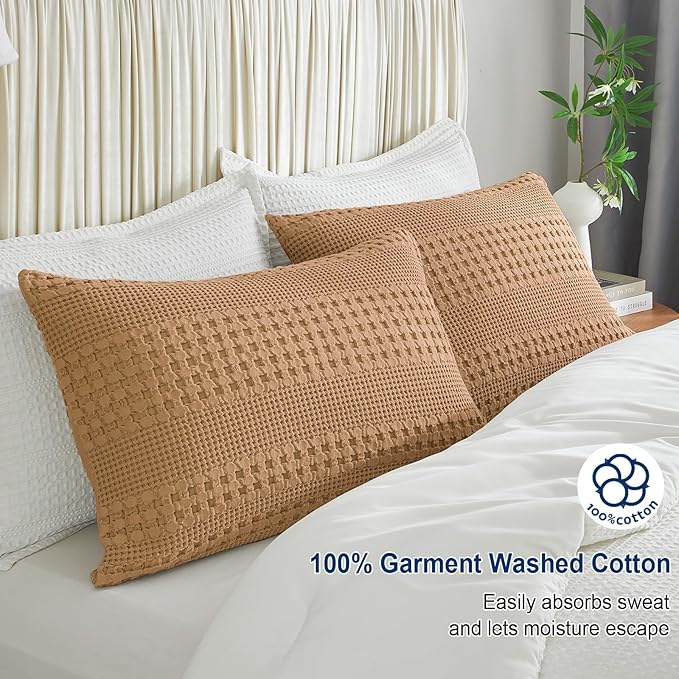PHF 100% Cotton Waffle Pillow Shams King Size, 2 Pack 20" x 36" Soft Skin-Friendly Pillowcases, No Filling, Aesthetic Woven and Breathable Waffle Weave Pillow Case Covers for Bed, Camel