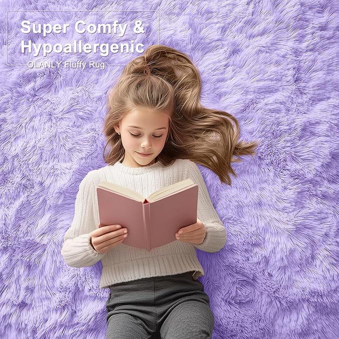 OLANLY Area Rugs for Living Room, Machine Washable 4x5.9 ft Soft Fluffy Shaggy Bedside Rug, Indoor Floor Carpet for Kids Girls and Boys, Dorms, Nursery Rooms, Home Decor Aesthetic, Light Purple