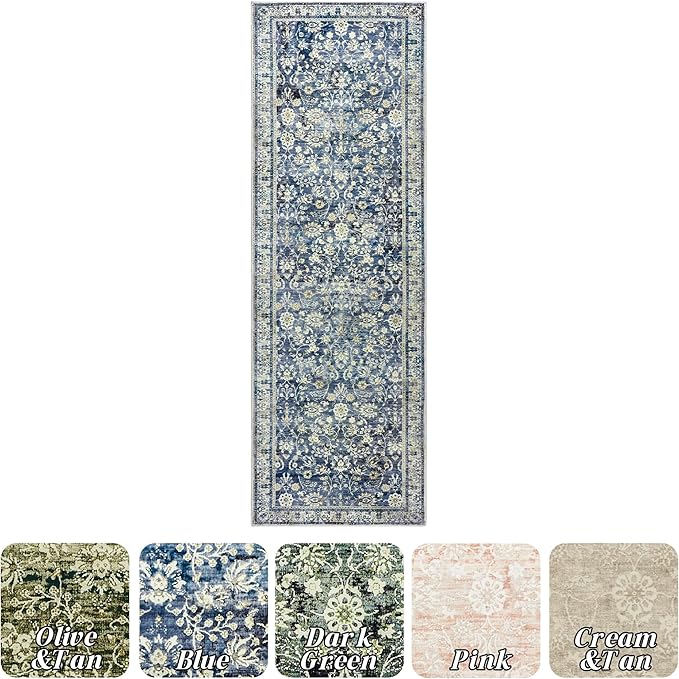 Vintage Design Flower Area Rug Distressed Carpet Multi 2x6 Cover Print Rug Kitchen Living Room Bedroom Dining Room,Blue