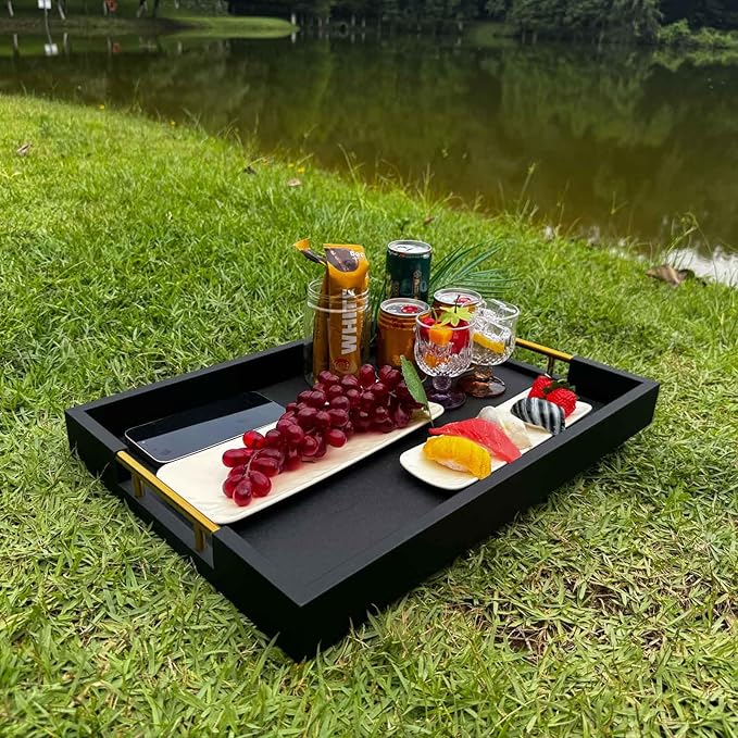 14x20 Inches Black Faux Leather Wrappen Wood Serving Tray with Metal Handles for Various Occasions, Ottoman, Home Decor Decorative, Living Room, Coffee Table Organizer, Serving Breakfast On Bed