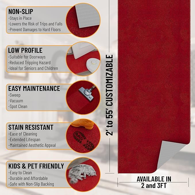 Ottomanson 2'7" x 9' Ultra-Thin Hallway Runner Rug - Durable Non-Slip Carpet for High-Traffic Areas - Fits Under Doors for Seamless Entry - Ideal for Kitchen, Entryway, Bedroom & Living Room, Red