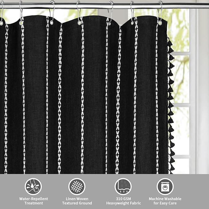 MitoVilla Black Small Stall Shower Curtain 36 x 72, Half Size Narrow Polyester Linen Heavy Fabric Shower Curtains for Boho Farmhouse Bathroom Decor, Wrinkle Resistant Cloth Shower Curtain