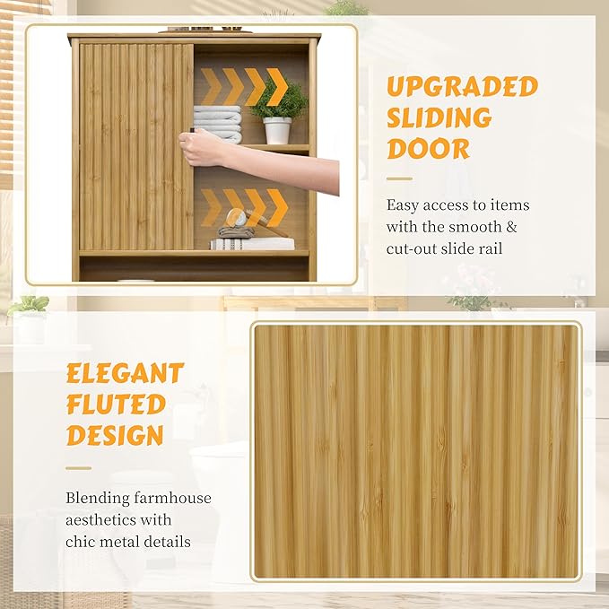 MUPATER 66.9” Bamboo Over The Toilet Storage Cabinet, Bathroom Space Saver, Bathroom Freestanding Over The Toilet with Open Storage, Natural