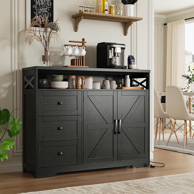 47" Black Storage Cabinet with Barn Doors and Drawers, Farmhouse Sideboard Buffet with Storage, Kitchen Pantry Hutch Cabinet, Coffee Bar Station Table for Kitchen, Livingroom, Dining Room
