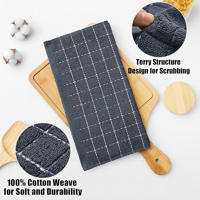 Homaxy 100% Cotton Terry Kitchen Towels(Dark Grey, 13 x 28 inches), Checkered Designed, Soft and Super Absorbent Dish Towels, 12 Pack