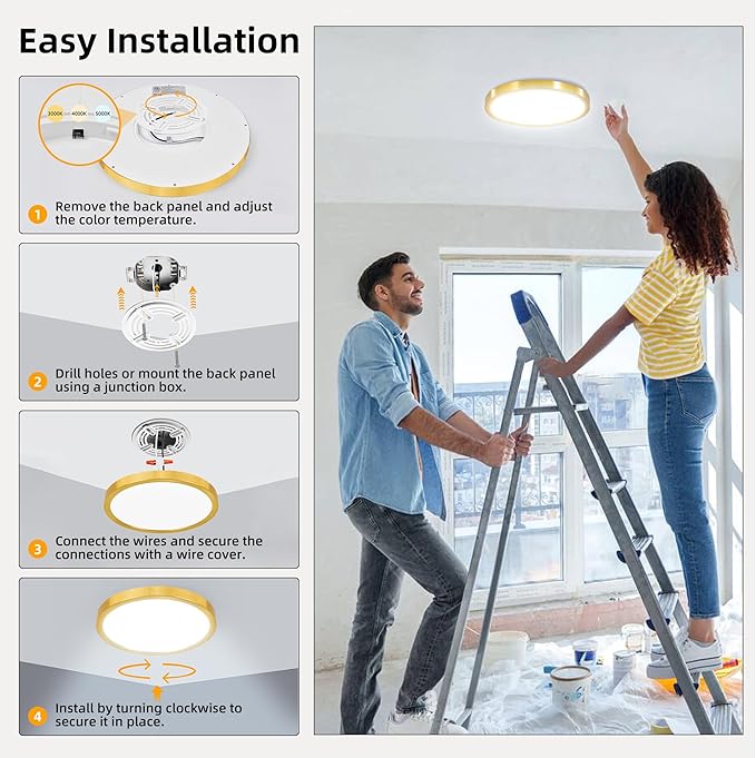 Hlite 6pack 12 inch Flush Mount LED Ceiling Light Fixture,24W 2400LM Super Slim Light Fixtures Ceiling Mount 3000K/4000K/5000K 3CCT Selectable,Ceiling Light Fixtures for Kitchen,Bedroom (Gold)