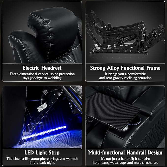 Home Theater Seating, Living Room, Heat & Massage, Powered Headrest, Powered Lumbar, Italian Leather, Powered Recline, Single Recliner (Black, Row of 5 Loveseat Left)