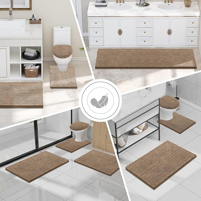 Smiry Luxury Chenille Bathroom Rugs 34x21, Extra Soft and Absorbent Shaggy Bath Mat, Machine Washable, Non-Slip Plush Carpet Runner for Tub, Shower, and Floor, Home Decor Accessories, Camel